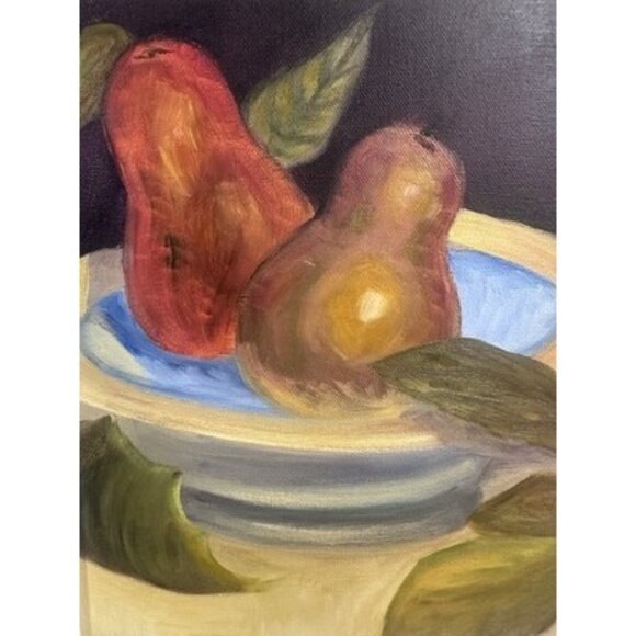 Vintage Pear Apple Oil Painting of Fruit in Bowl Artist  Vintage Still Life Oil Painting Fruit Pear Art Decor Signed Framed Matted 17x14